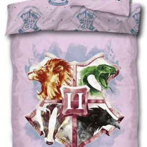 Harry Potter sengetøj 140x200 cm - Lyserødt Hogwarts skjold - 2 i 1 design - 100% bomuld